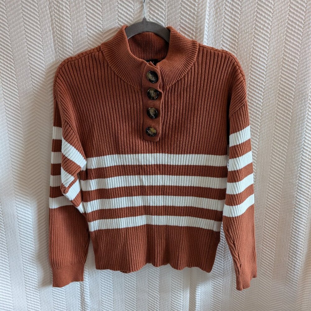 Tribal Ribbed Knit Sweater Rust Brown & White Stripe Cotton Medium Academia Fall